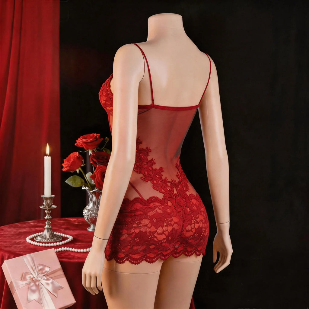 Deep Plum Sheer Mesh Chemise with Intricate Floral Lace Appliqué