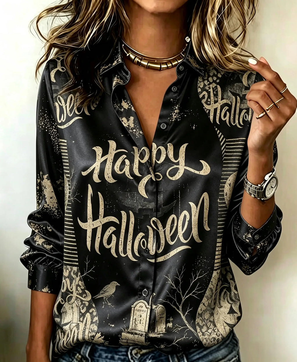 Festive Halloween Graphic Print Satin-Finish Button-Down Blouse