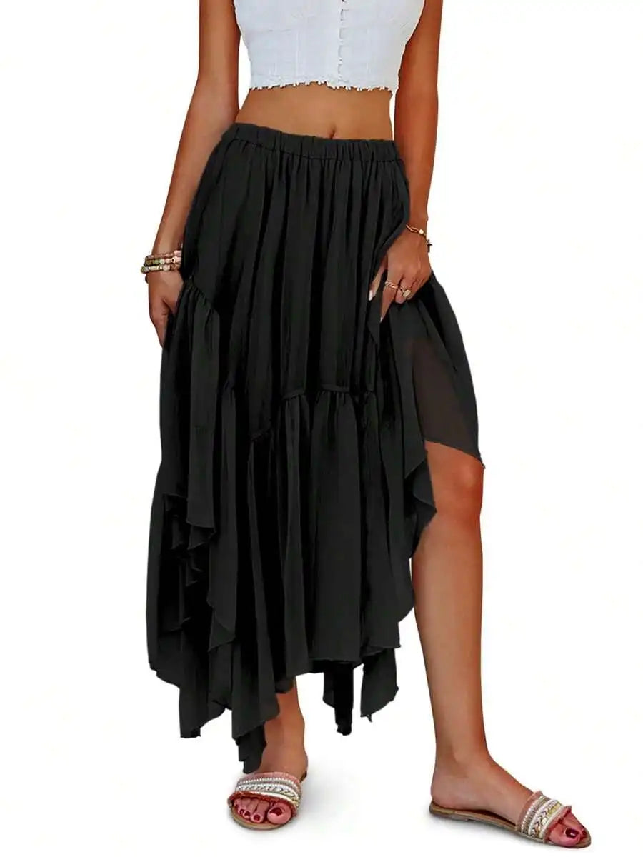 Boho High-Low Ruffle Hem Flowy Asymmetrical Maxi Skirt