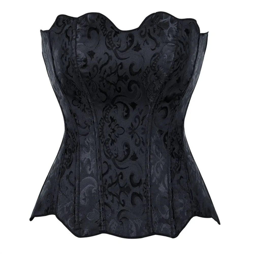 Classic Black Floral Jacquard Overbust Corset with Sweetheart Neckline