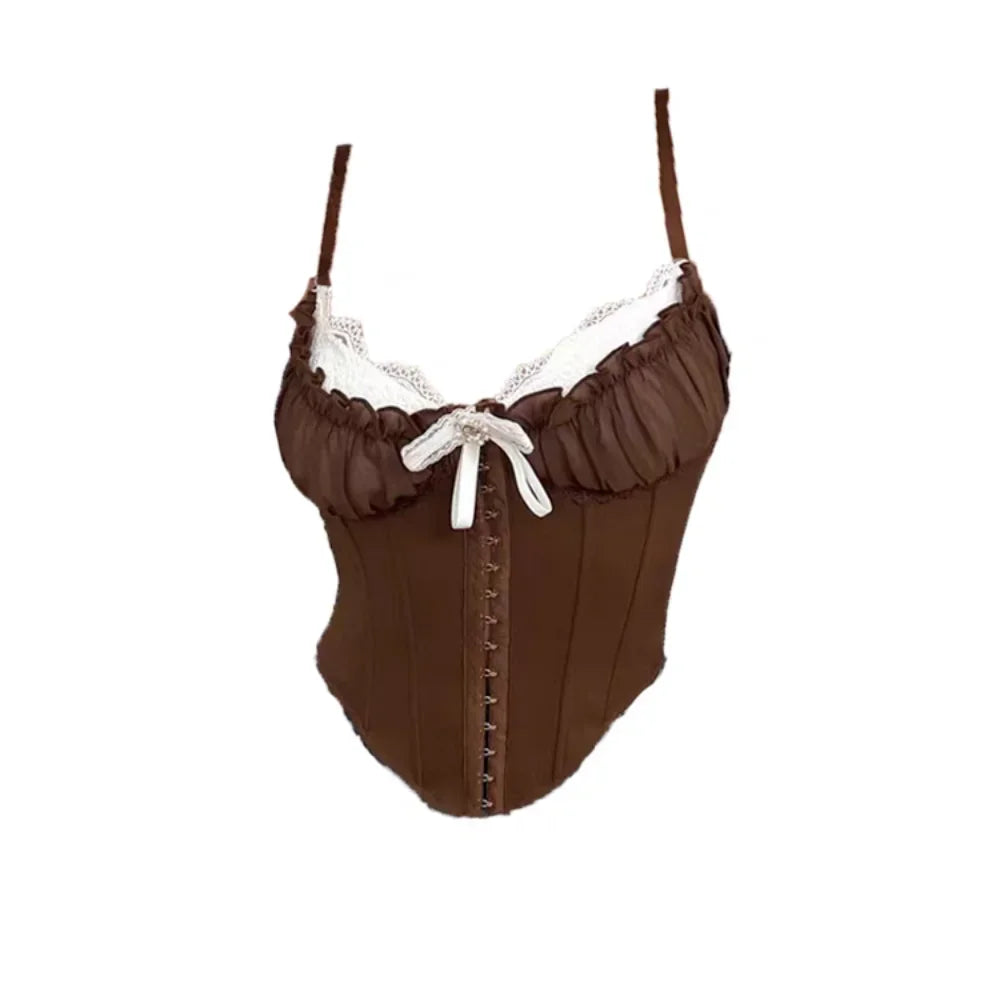 Vintage-Inspired Black Overbust Corset with White Ruffled Lace Trim