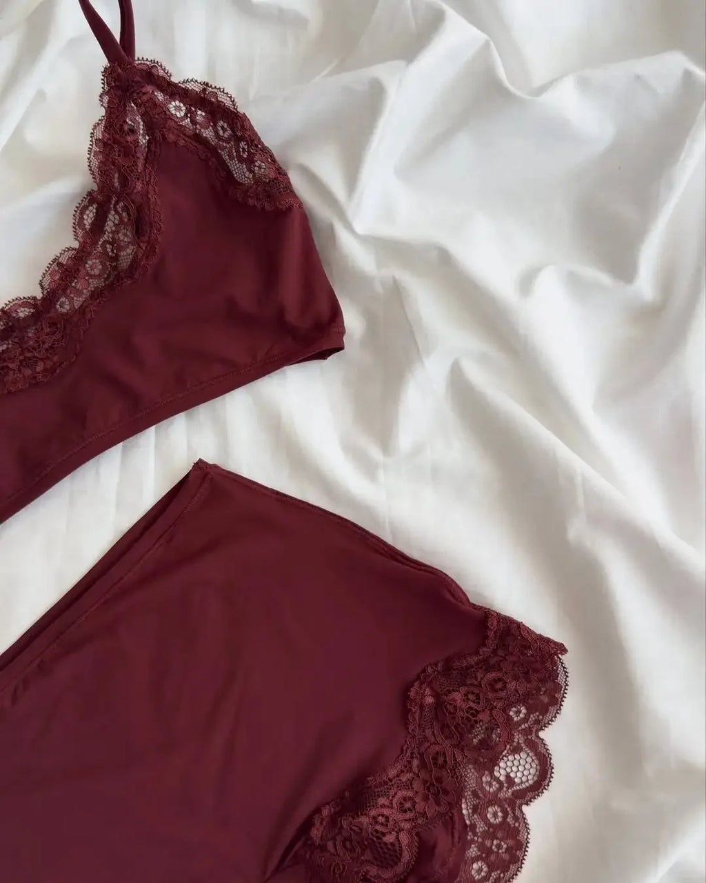 Rich Burgundy Lace-Trimmed Plunge Bralette and Lounge Short Set