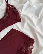 Rich Burgundy Lace-Trimmed Plunge Bralette and Lounge Short Set