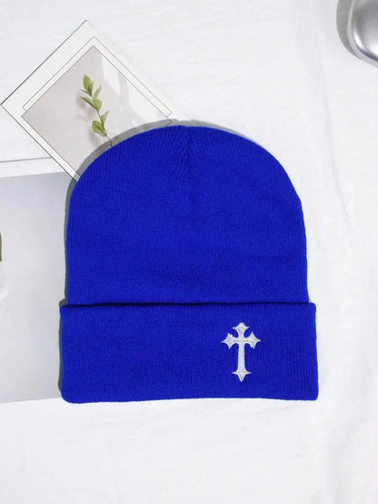 Minimalist Embroidered Cross Acrylic Knit Beanie for Modern Streetwear Winter Casual Fashion Style