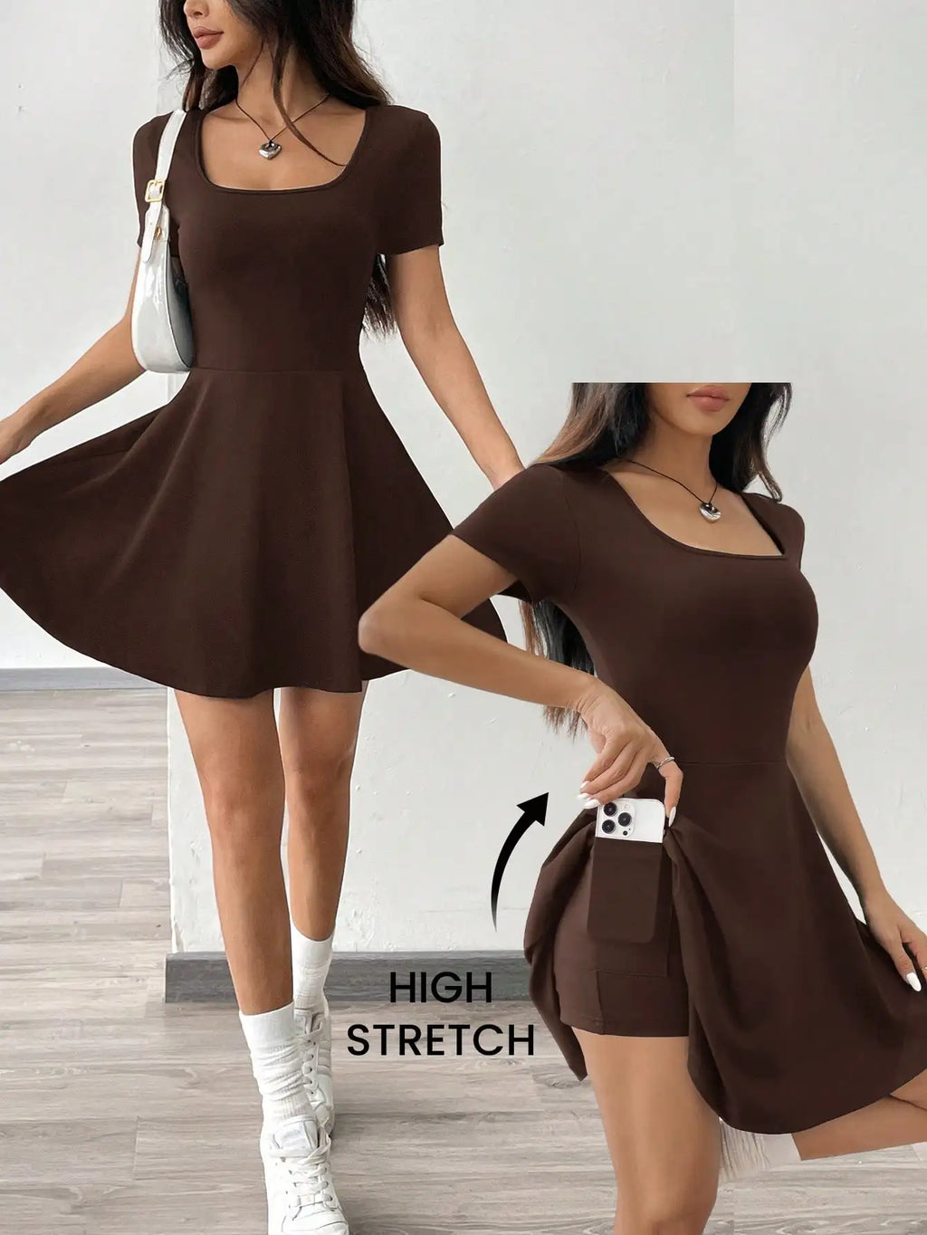 Square Neck Short Sleeve A-Line Mini Dress with Flared Skater Silhouette