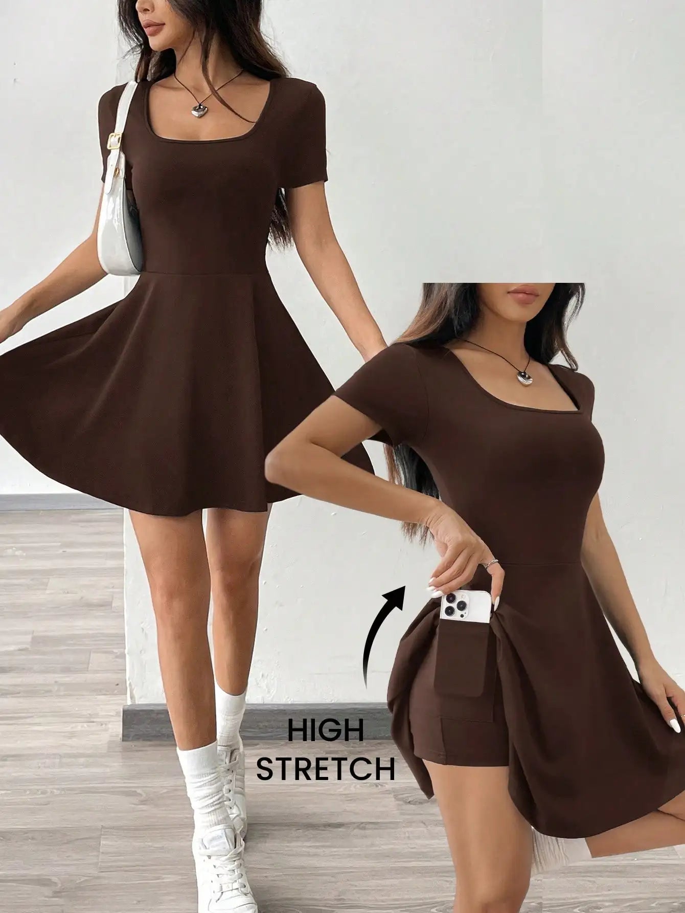 Square Neck Short Sleeve A-Line Mini Dress with Flared Skater Silhouette