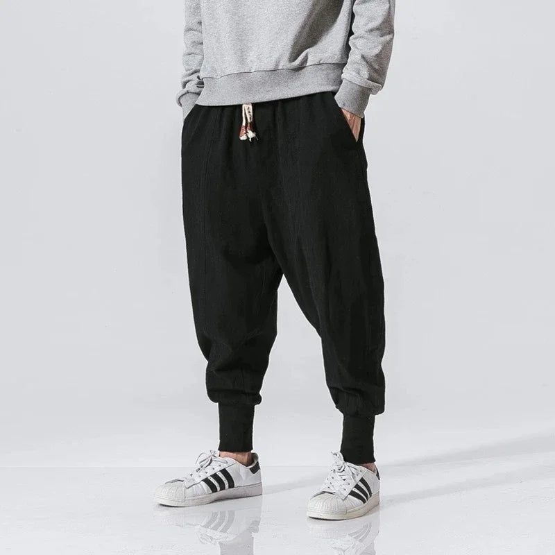 Men's Cotton Linen Drop Crotch Harem Pants with Elastic Waist Relaxed Casual Streetwear Style