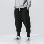 Men's Cotton Linen Drop Crotch Harem Pants with Elastic Waist Relaxed Casual Streetwear Style
