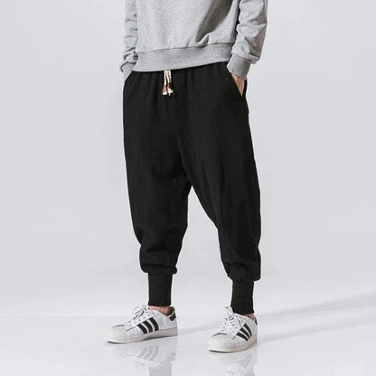 Men's Cotton Linen Drop Crotch Harem Pants with Elastic Waist Relaxed Casual Streetwear Style