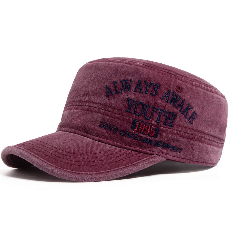 Unisex Vintage Military Style Flat Top Cap with Embroidered Detail for Casual Everyday Wear