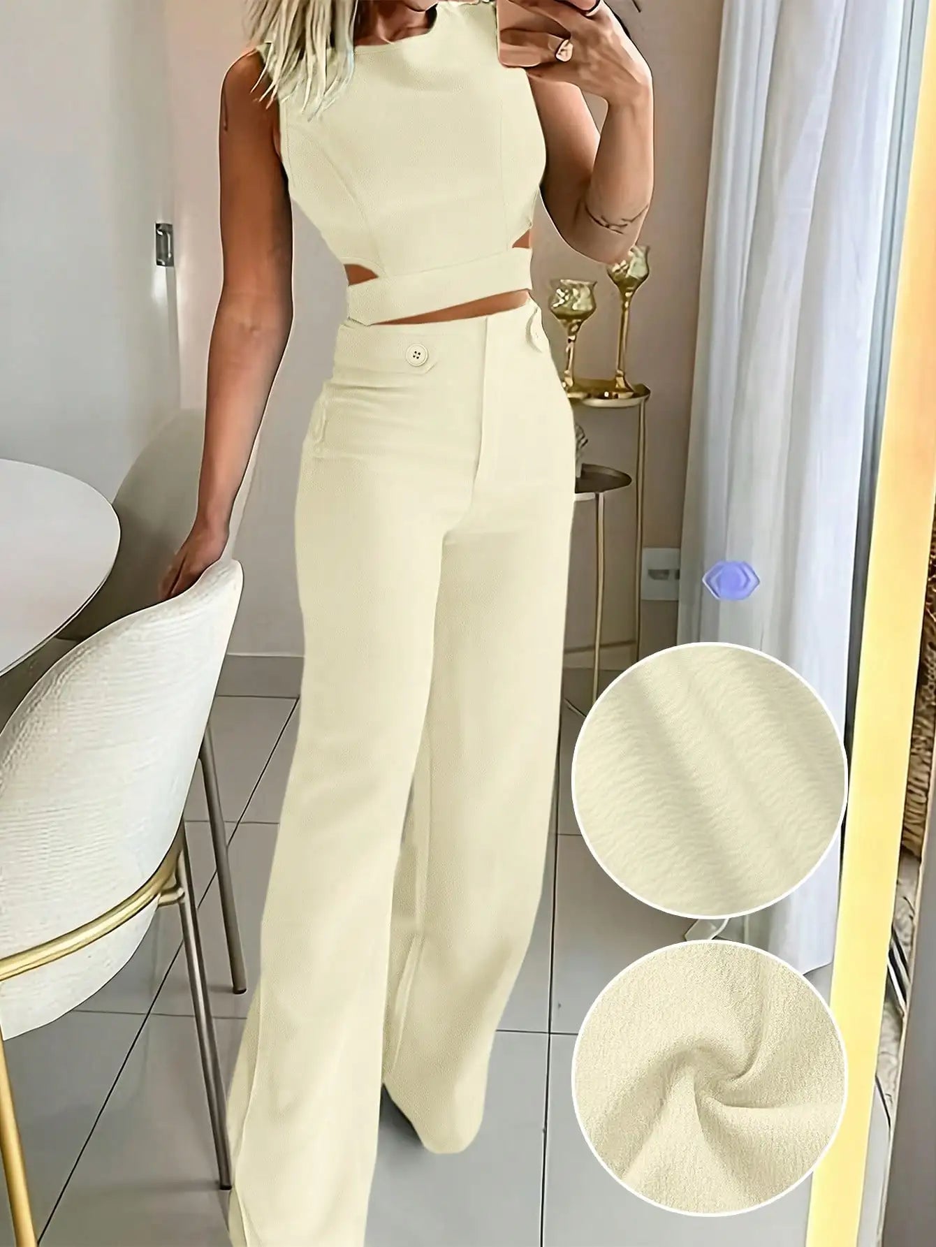 Sleeveless Button Detail Top and Flare Pants Casual Co-Ord Set
