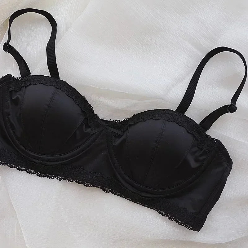 Pleated Satin Balconette Demi Bra and Coordinating Hipster Brief Set with Scalloped Trims
