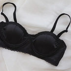 Pleated Satin Balconette Demi Bra and Coordinating Hipster Brief Set with Scalloped Trims