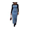 Long Sleeve Color-Block Midi Dress with Denim-Illusion Print and Front Slit