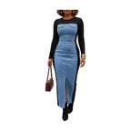 Long Sleeve Color-Block Midi Dress with Denim-Illusion Print and Front Slit