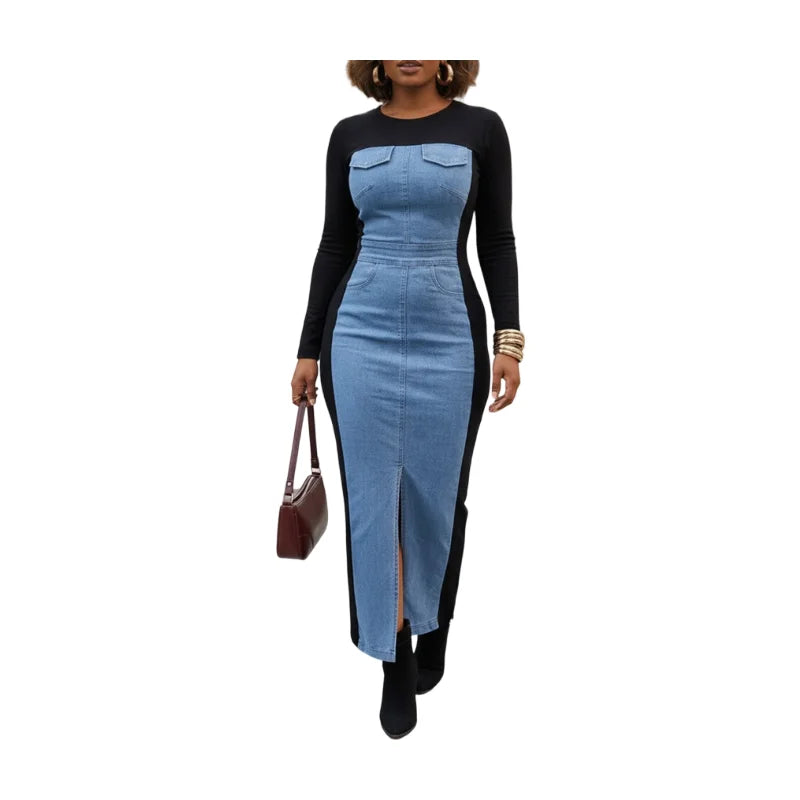 Long Sleeve Color-Block Midi Dress with Denim-Illusion Print and Front Slit