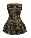 Camouflage Print Strapless Peplum Mini Dress with Halter Detail Contemporary Style