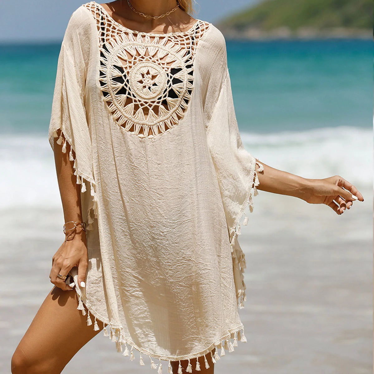 Boho Crochet Beach Cover-Up Tunic with Tassel Details, Loose Open-Knit Design and Bikini Layering Silhouette