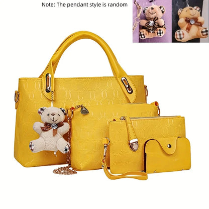 Embossed PU Leather Tote Bag Set with Crossbody Purse and Wallet