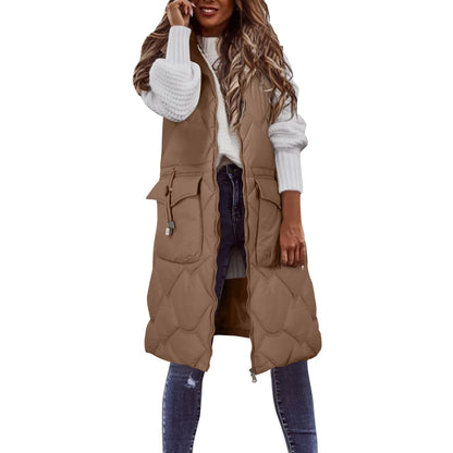 Women's Long Quilted Hooded Puffer Vest Relaxed Casual Streetwear Layering Outerwear