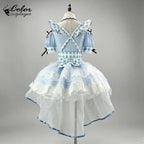 Light Blue Gingham Lolita Maid Dress with Intricate Lace and Bow Accents