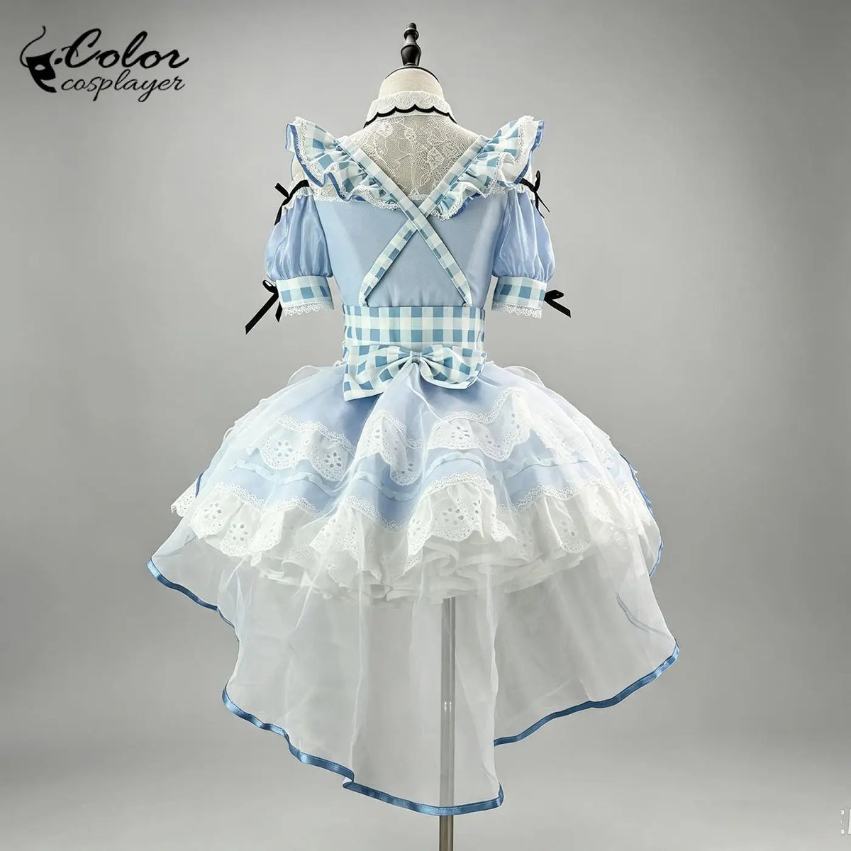 Light Blue Gingham Lolita Maid Dress with Intricate Lace and Bow Accents