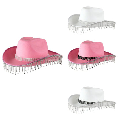 Women's Felt Western Cowboy Hat with Decorative Rhinestone Fringe for Statement Fashion Style