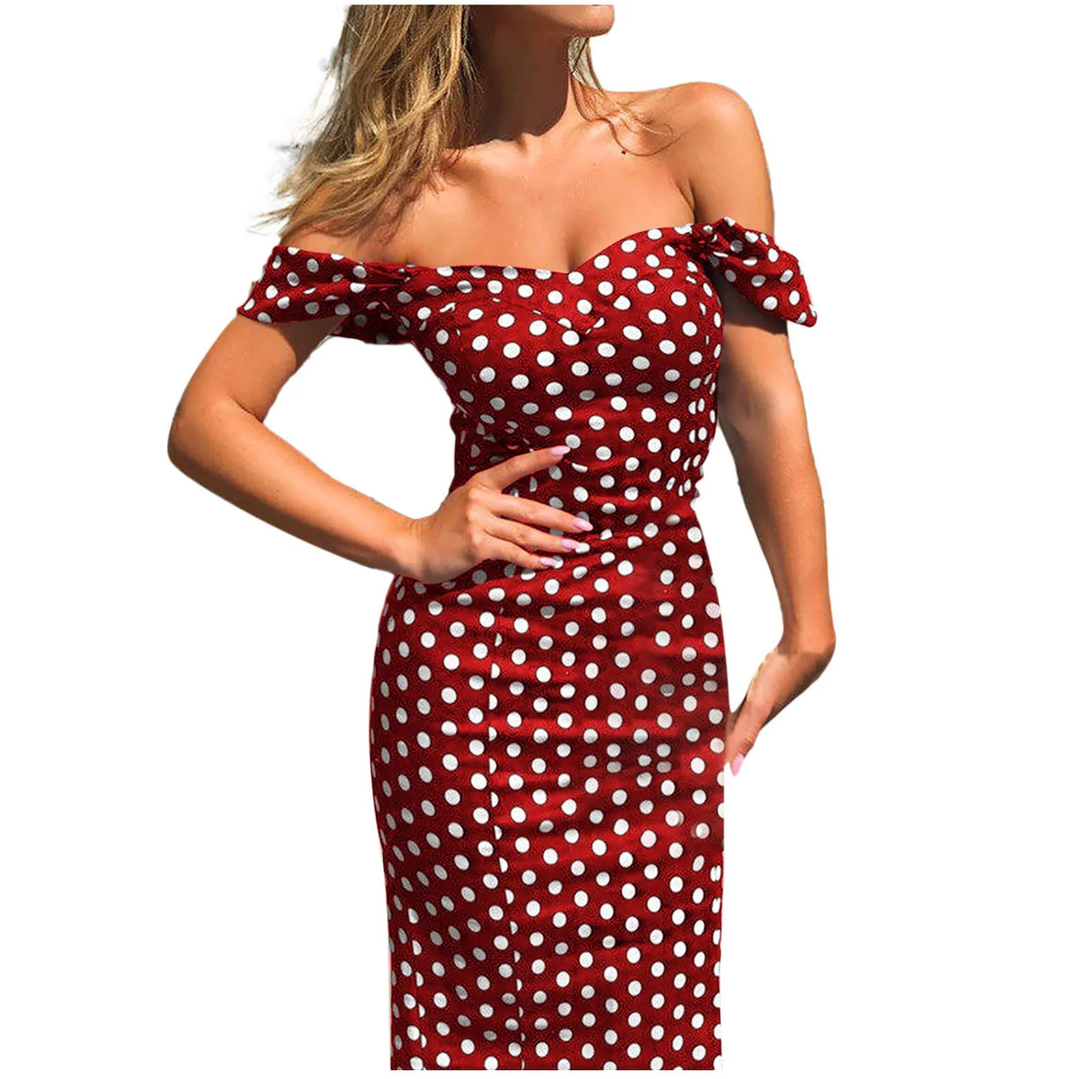 Navy Blue Polka Dot Off-the-Shoulder Fitted Midi Dress