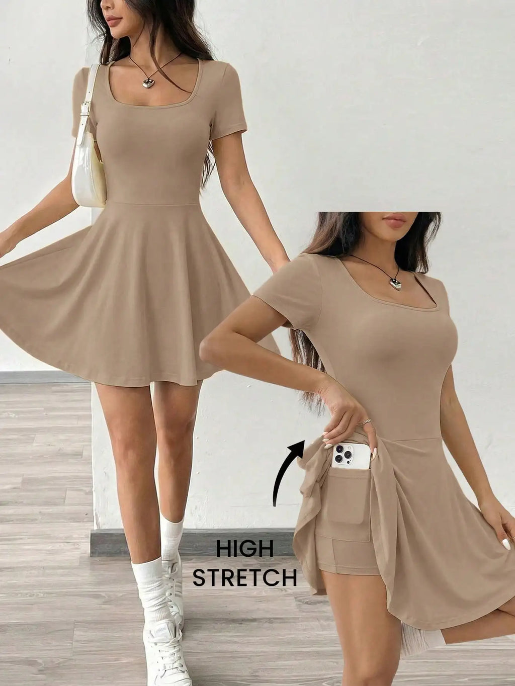 Square Neck Short Sleeve A-Line Mini Dress with Flared Skater Silhouette