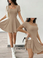 Square Neck Short Sleeve A-Line Mini Dress with Flared Skater Silhouette