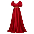 Vintage-Inspired Satin Maxi Dress with Puff Sleeves and Empire Waist