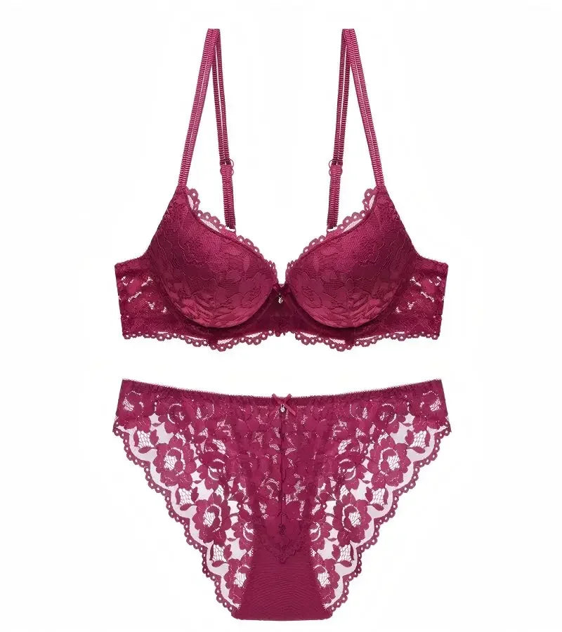 Rich Berry Floral Lace Push-Up Bra and Scalloped Panty Set with Double Strap Detail