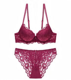 Rich Berry Floral Lace Push-Up Bra and Scalloped Panty Set with Double Strap Detail