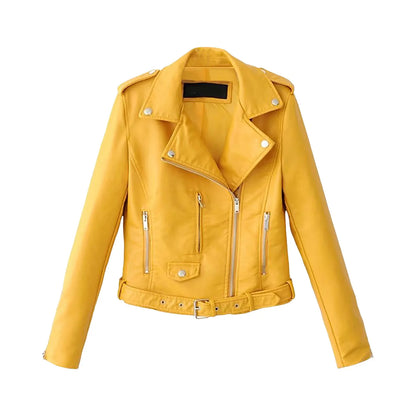 Women's Belted Faux Leather Moto Jacket with Asymmetrical Zip Streetwear Outerwear Style