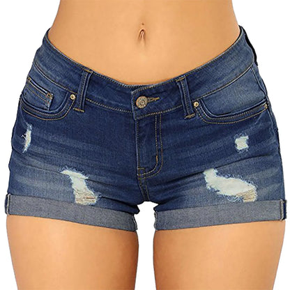 Women's High Waist Cotton Denim Shorts with Distressed Details and Classic Everyday Fit