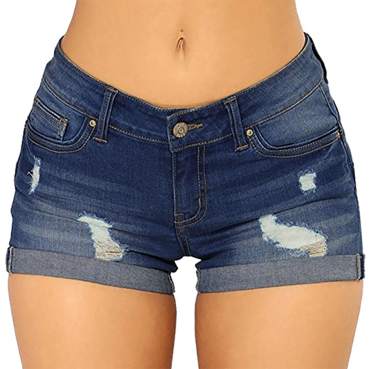 Women's High Waist Cotton Denim Shorts with Distressed Details and Classic Everyday Fit