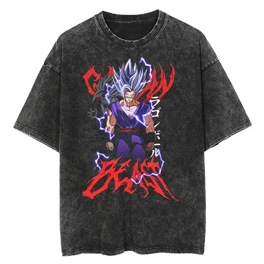 Dark Anime Beast Oversized Vintage Wash Streetwear Graphic Cotton T-Shirt