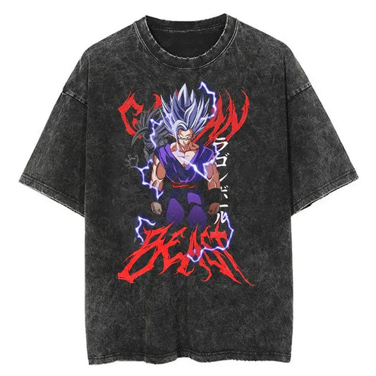 Dark Anime Beast Oversized Vintage Wash Streetwear Graphic Cotton T-Shirt