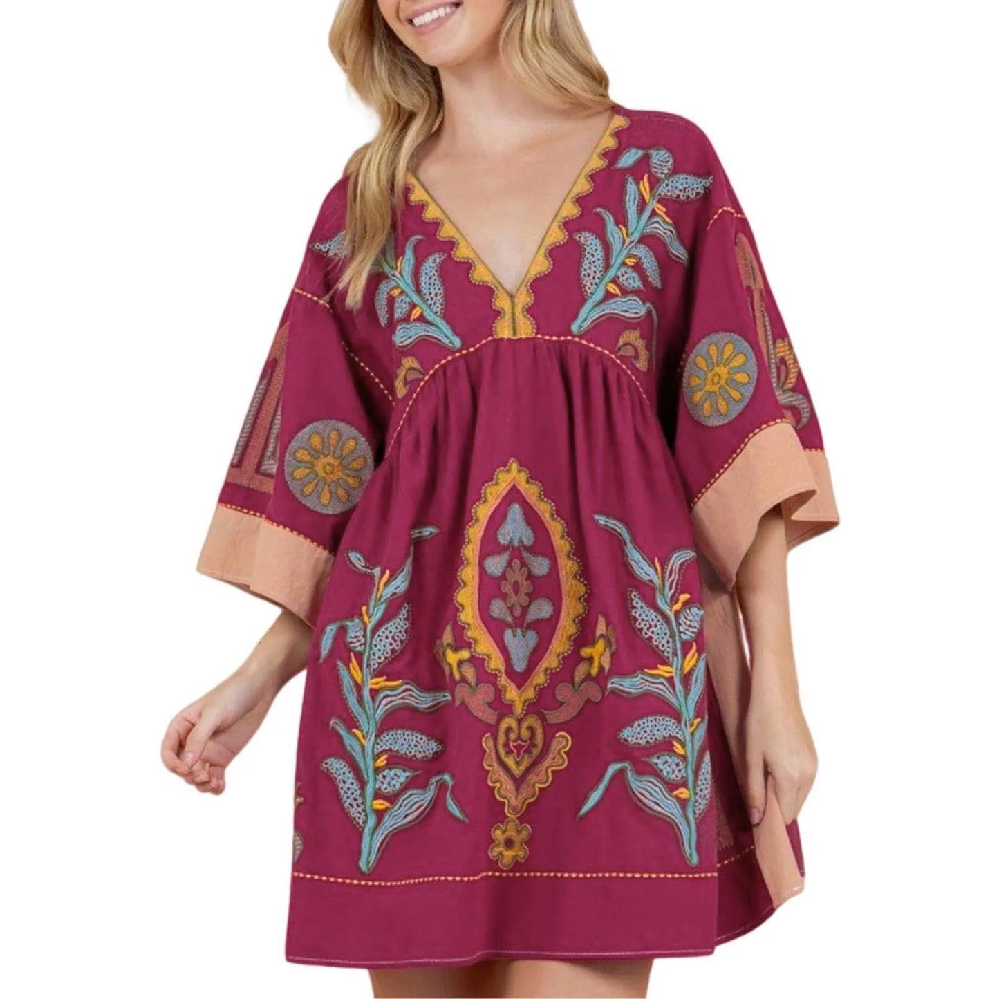 Embroidered Inspired Mini Dress with Relaxed Fit and V Neckline