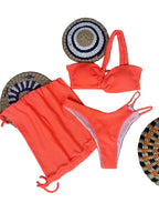 Vibrant Orange Three-Piece Swimwear Set with Ruched Bralette and Cover-Up Skirt