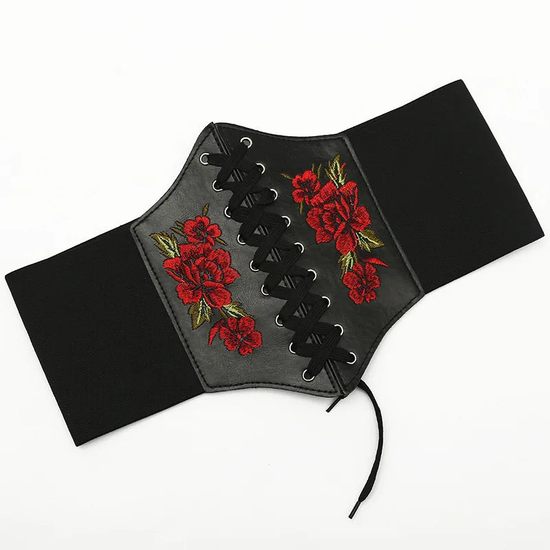 Embroidered Underbust Corset Belt with Structured Waist Definition and Lace-Up Front
