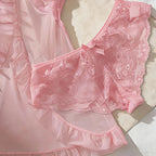 Deep Red Satin-Finish Chemise with Lace Neckline and Matching Ruffled Panty