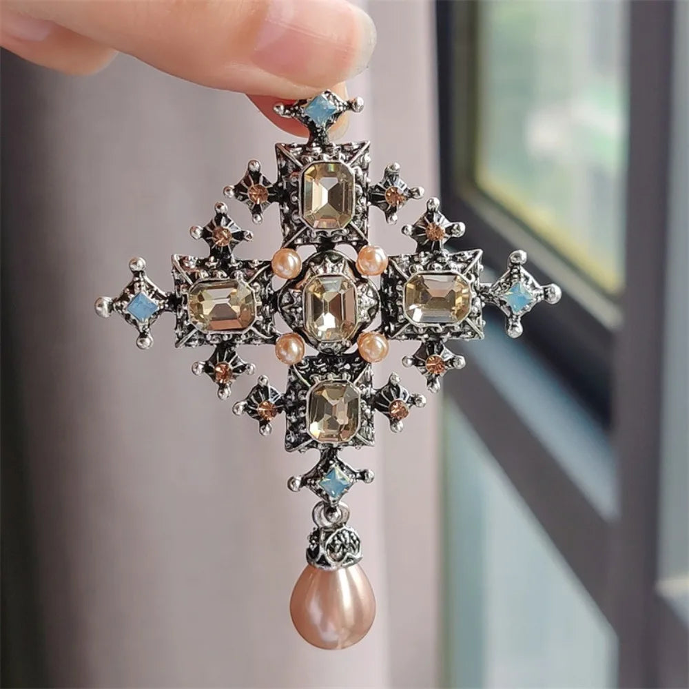 Baroque Cross Statement Brooch with Ornate Pendant Detail