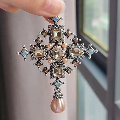 Baroque Cross Statement Brooch with Ornate Pendant Detail
