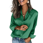 Classic Solid Black Satin-Finish Button-Down Blouse with Straight Silhouette