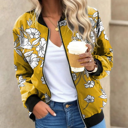 Women's Floral Print Zip-Up Bomber Jacket with Relaxed Contemporary Streetwear Short Fit