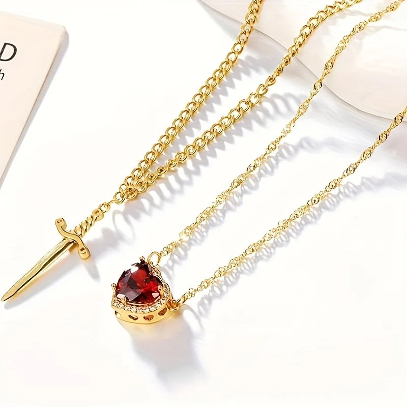 Dark Romantic Heart Pendant Necklace with Layered Chain Alternative Statement Design