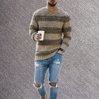 Men's Relaxed Fit Striped Flat Knit Crew Neck Streetwear Sweater Pullover