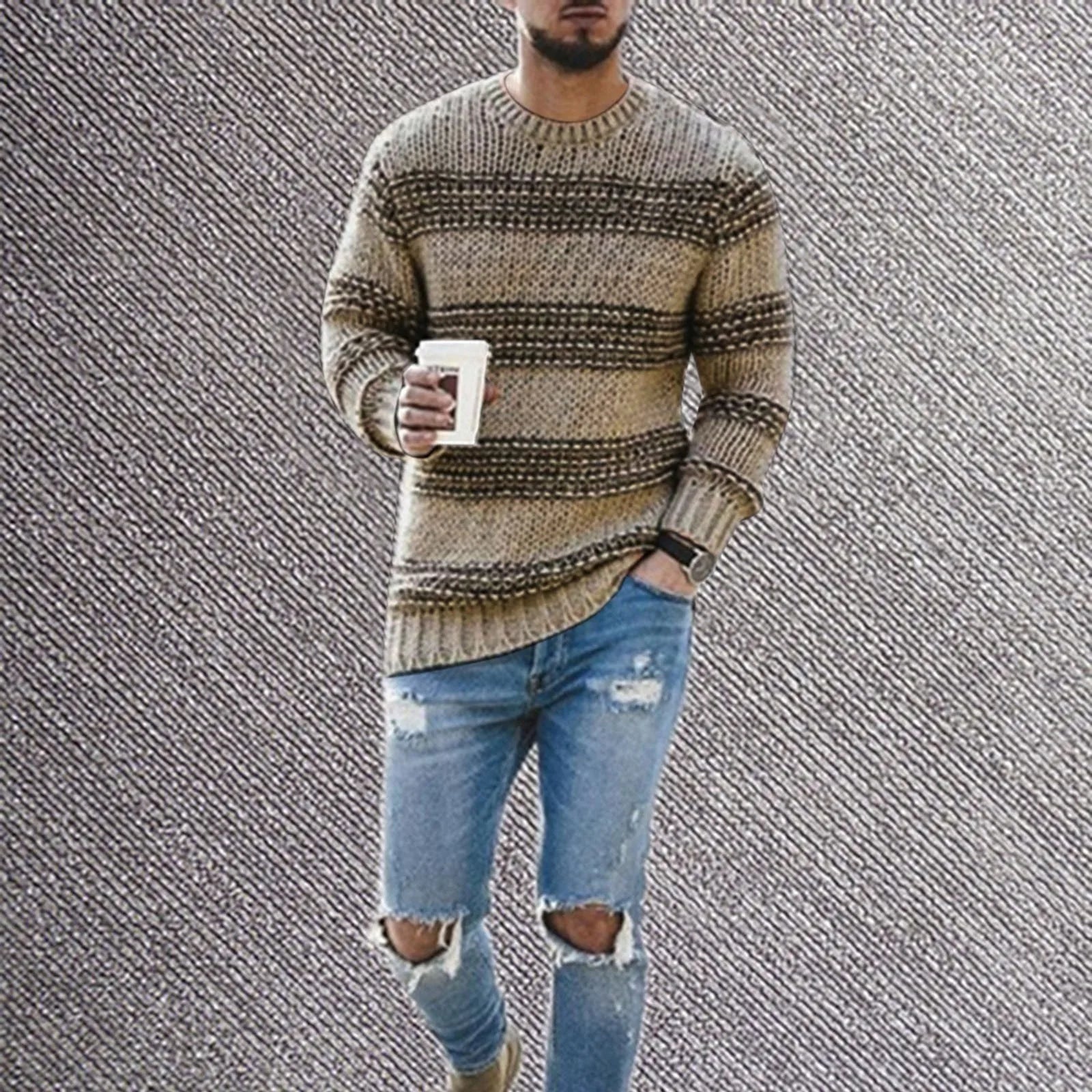 Men's Relaxed Fit Striped Flat Knit Crew Neck Streetwear Sweater Pullover