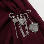 Gothic Heart Safety Pin Brooch with Layered Chains and Tassel Details
